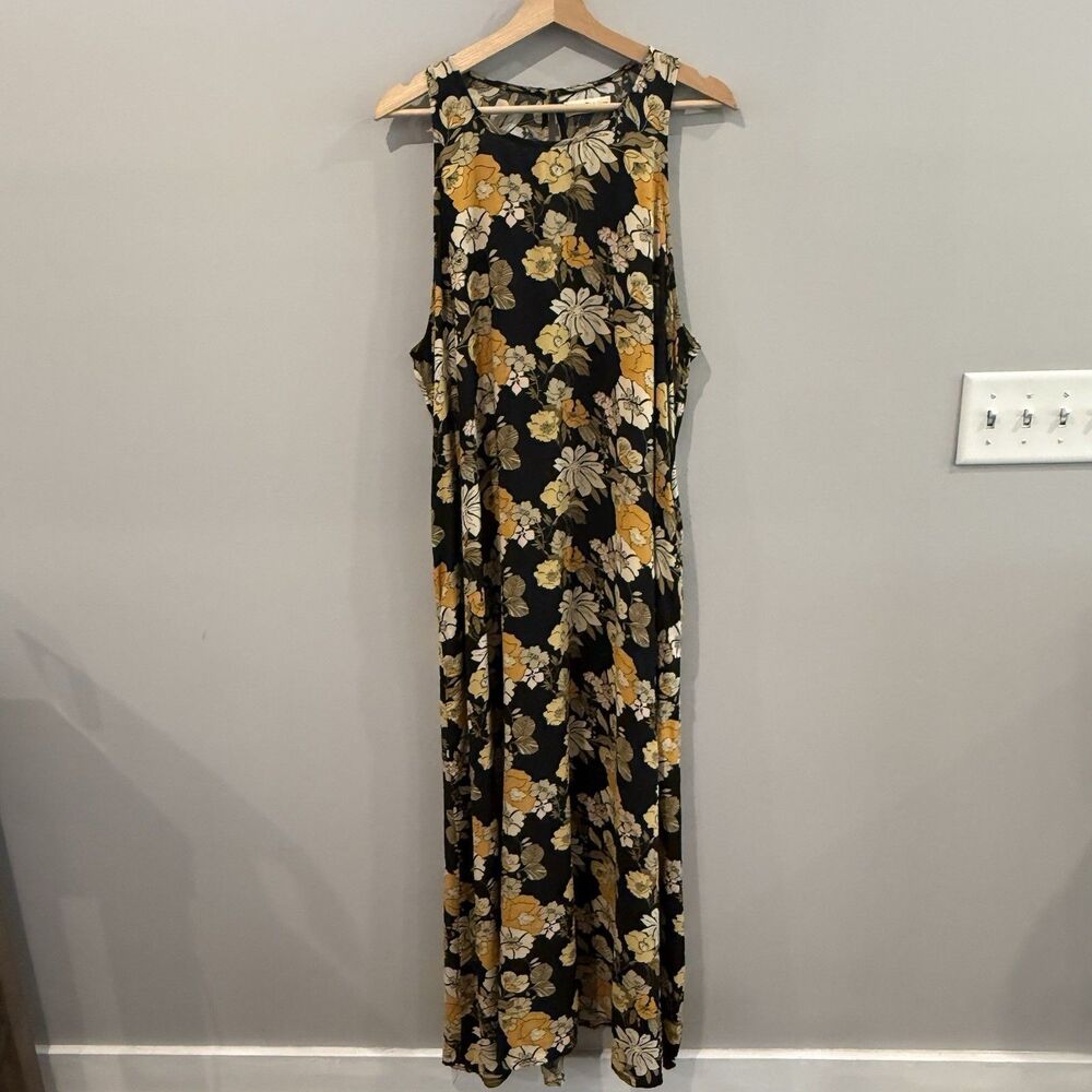Natural Life Floral Maxi Dress Black Gold Boho Sleeveless L/XL Flowy Lightweight